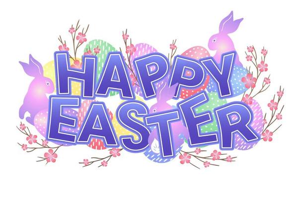 Easter postcard with Easter eggs, rabbit, bunny and branch with pink flowers