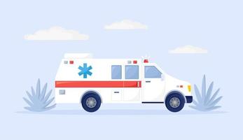 Fast ambulance rescue car isolated on background. Medic van, emergency auto. First aid concept. Vector flat design