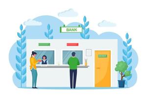 Cashier women working at cash desk in a bank. Client and teller behind cash department window. Business financial service. Banking employee at the counter. Vector cartoon design
