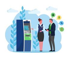 ATM bank terminal. Man customer and banking employee standing near credit card reader machine and withdraw money. Client with manager isolated on background. Vector design