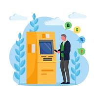 ATM bank terminal. Man customer standing near credit card reader machine and withdraw money. Vector design