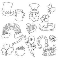St Patrick's Day doodles set, outline illustrations of festive Irish symbols vector