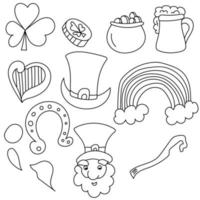 St Patrick's day attributes doodles set, outline drawings with symbols of good luck, coloring page from simple elements vector