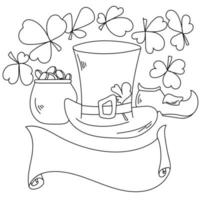 Coloring page for St. Patrick's Day, clover, shoe, hat and pot of gold as symbols of the holiday, frame in the form of a roll of paper vector