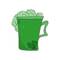 Green beer for St. Patrick's Day, Large glass with frothy beer and three leaf clover, bright holiday drink vector