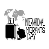 día internacional de los migrantes, silueta de una maleta y una bolsa de lona en el fondo del mapa mundial vector