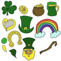 conjunto de garabatos de atributos del día de San Patricio, dibujos verdes con símbolos de buena suerte, página para colorear de elementos simples