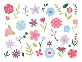 Hand drawn set of flowers and branches. Floral and herbal elements.in cartoon style. Vector illustration isolated on white background.