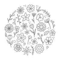 conjunto dibujado a mano de flores y ramas garabato. elementos florales y herbales. En estilo boceto. ilustración vectorial aislado sobre fondo blanco. vector