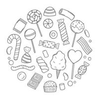 Hand drawn set of sweets and candies doodle. Lollipop, caramel, chocolate, marshmallow in sketch style.  Vector illustration isolated on white background.