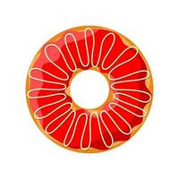 Sweet colorful tasty donut isolated on white background. Red glazed and cream strip top view for cake cafe decoration or menu design. Delicious bakery vector eps illustration