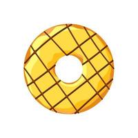 Sweet colorful tasty donut isolated on white background. Yellow glazed and chocolate strips doughnut top view for cake cafe decoration or menu design. Delicious bakery vector eps illustration