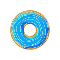 Sweet colorful tasty donut isolated on white background. Blue glazed and cream strip top view for cake cafe decoration or menu design. Delicious bakery vector eps illustration