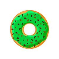 Sweet colorful tasty donut isolated on white background. Green glazed and chocolate chips sprinkle doughnut top view for cake cafe decoration or menu design. Delicious bakery vector eps illustration