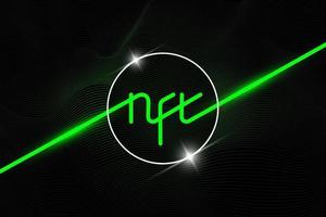 NFT non fungible green token on black linear background. Online money for buy exclusive art poster. Pay for unique collectibles in games banner. Blockchain technology crypto shiny coin illustration