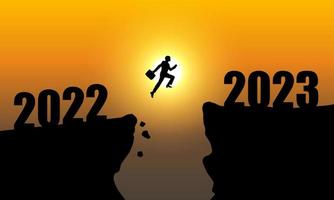 2023 New Year Background Design. A businessman is jumping over to cliff and jump across between 2022 and 2023 word. vector