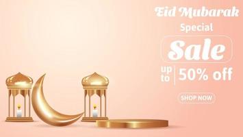 banner de venta de eid mubarak con linterna dorada realista, luna y podio. ilustración vectorial vector