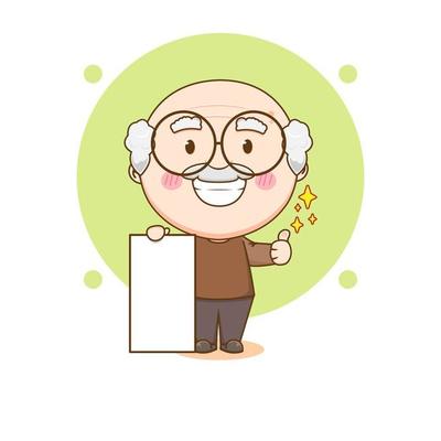 Cute grand father showing thumb up with empty board cartoon character