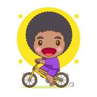 feliz lindo niño niño montando bicicleta chibi dibujado a mano personaje de dibujos animados vector