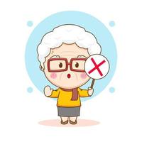Cute grandma holding wrong sign chibi hand drawn cartoon character