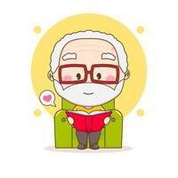 Cute grandpa reading book on sofa chibi hand drawn cartoon character vector