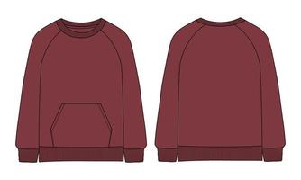 Long sleeve Sweatshirt Technical Fashion flat sketch vector illustration Red Color template front and back views isolated on white background.