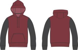 Two tone red and black color Long sleeve hoodie Technical Fashion flat sketch vector illustration template front and back views isolated on white background.