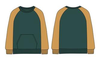 Two tone Green and yellow color Long sleeve Sweatshirt Technical Fashion flat sketch vector illustration template front and back views isolated on white background.