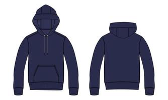 Long sleeve hoodie Technical Fashion flat sketch vector illustration navy template front and back views isolated on white background.