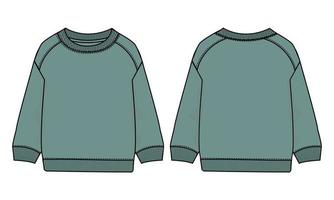 Long sleeve Sweatshirt Technical Fashion flat sketch vector illustration green template front and back views isolated on white background.