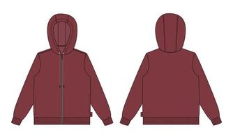 Long sleeve hoodie Technical Fashion flat sketch vector illustration red Color template front and back views isolated on white background.