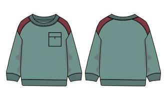 sudadera de manga larga con bolsillo de moda técnica boceto plano ilustración vectorial plantilla de color verde vistas frontal y posterior aisladas en fondo blanco. vector