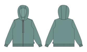 Long sleeve hoodie Technical Fashion flat sketch vector illustration Green color template front and back views isolated on white background.