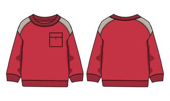 sudadera de manga larga con bolsillo de moda técnica boceto plano ilustración vectorial plantilla de color rojo vistas frontal y posterior aisladas en fondo blanco. vector