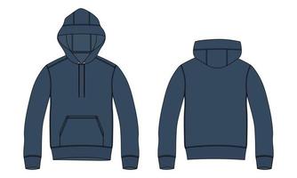 Long sleeve hoodie Technical Fashion flat sketch vector illustration navy blue color template front and back views isolated on white background.