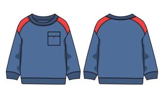 sudadera de manga larga con bolsillo técnica moda dibujo plano vector ilustración plantilla azul marino vistas frontal y trasera aisladas sobre fondo blanco.