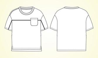 camiseta básica de manga corta vista frontal y posterior de la plantilla de ilustración vectorial de boceto plano de moda técnica general. maqueta de diseño de ropa básica para niños, niños vector