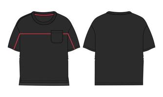 Short sleeve Basic T-shirt overall technical fashion flat sketch vector Illustration black color template front and back views. Basic apparel Design Mock up for Kids, boys