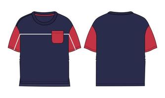 Two tone Navy, Red Color Short sleeve Basic T-shirt overall technical fashion flat sketch vector Illustration template front and back views. Basic apparel Design Mock up for Kids, boys