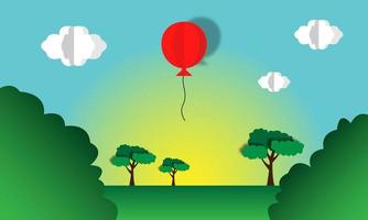 un globo rojo volador, nubes y árboles en un cielo azul y fondo de luz solar en un diseño de arte cortado en papel. adecuado para portadas de libros infantiles y otros productos infantiles vector