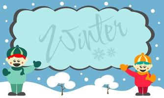 Winter background with two children and copy space area. Suitable for children's products vector