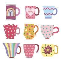 Collection of bright vintage mugs. Drawn by hands with a naive Scandinavian style vector