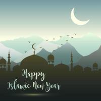 Vector illustration of Happy islamic new year with silhouette mosque and mountain landscape