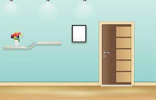 Vector illustration of Blue wall background with frame and flowers pot over shelf