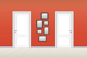 Living room interior with closed door and empty frames on the orange wall vector