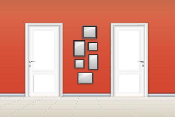 Living room interior with closed door and empty frames on the orange wall