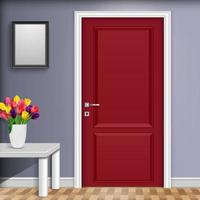 Closed red door with vase and flowers over white table isolated on gray wall background vector