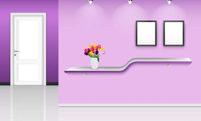 Vector illustration of Purple wall background with frames and flowers pot over shelf