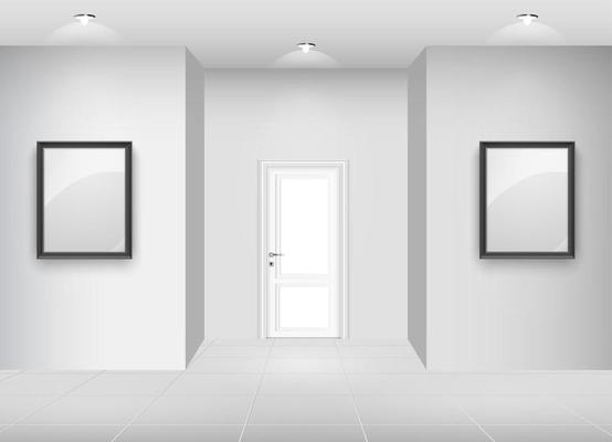 Gallery Interior with empty frame on wall and lights