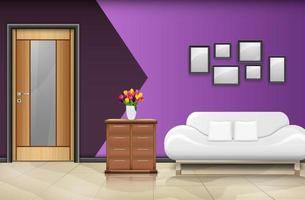 puerta de madera cerrada con sofá blanco y almohadas sobre fondo de pared púrpura